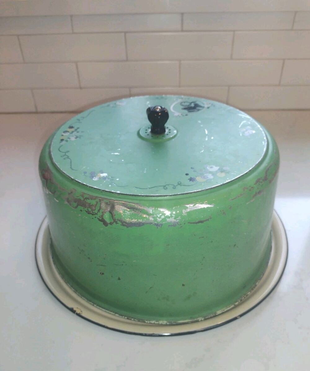 Vintage Cake Dessert Stand Tin With Domed Cover Cottage Core Farmhouse Worn